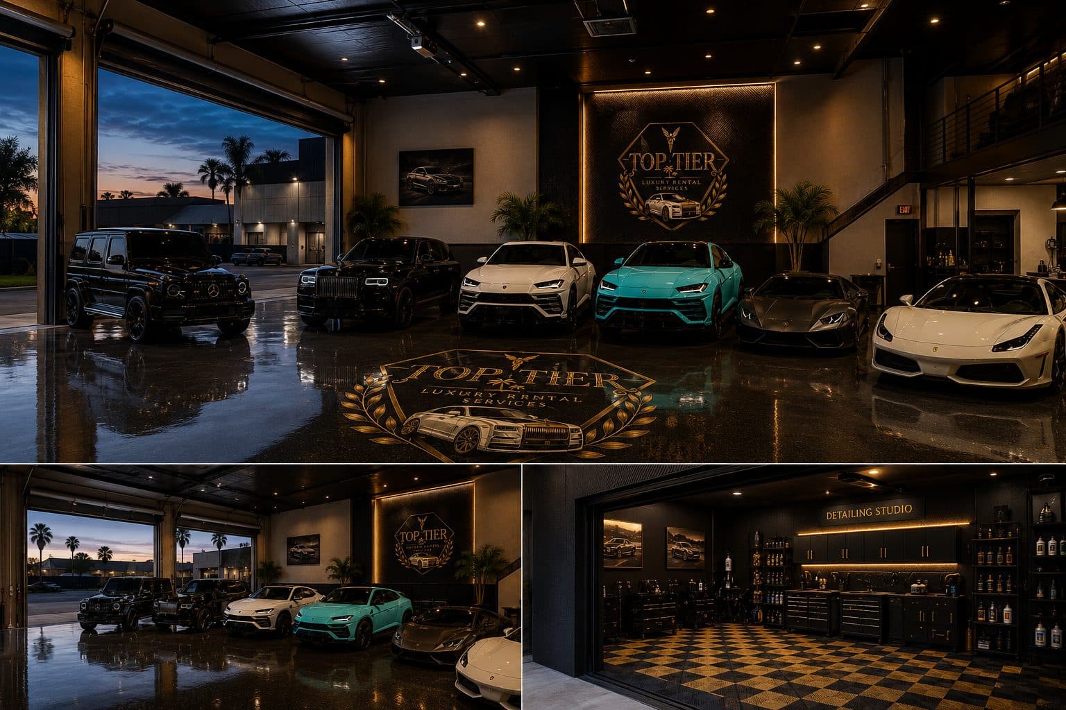 Luxury Rental Group HQ showroom with Lamborghini, Rolls-Royce and Ferrari models under the Top Tier crest